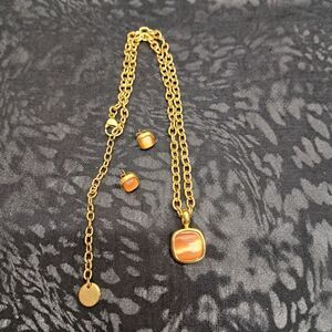 Edforce Gold-tone Metal Cat's-eye Peach Stone Necklace & Earrings